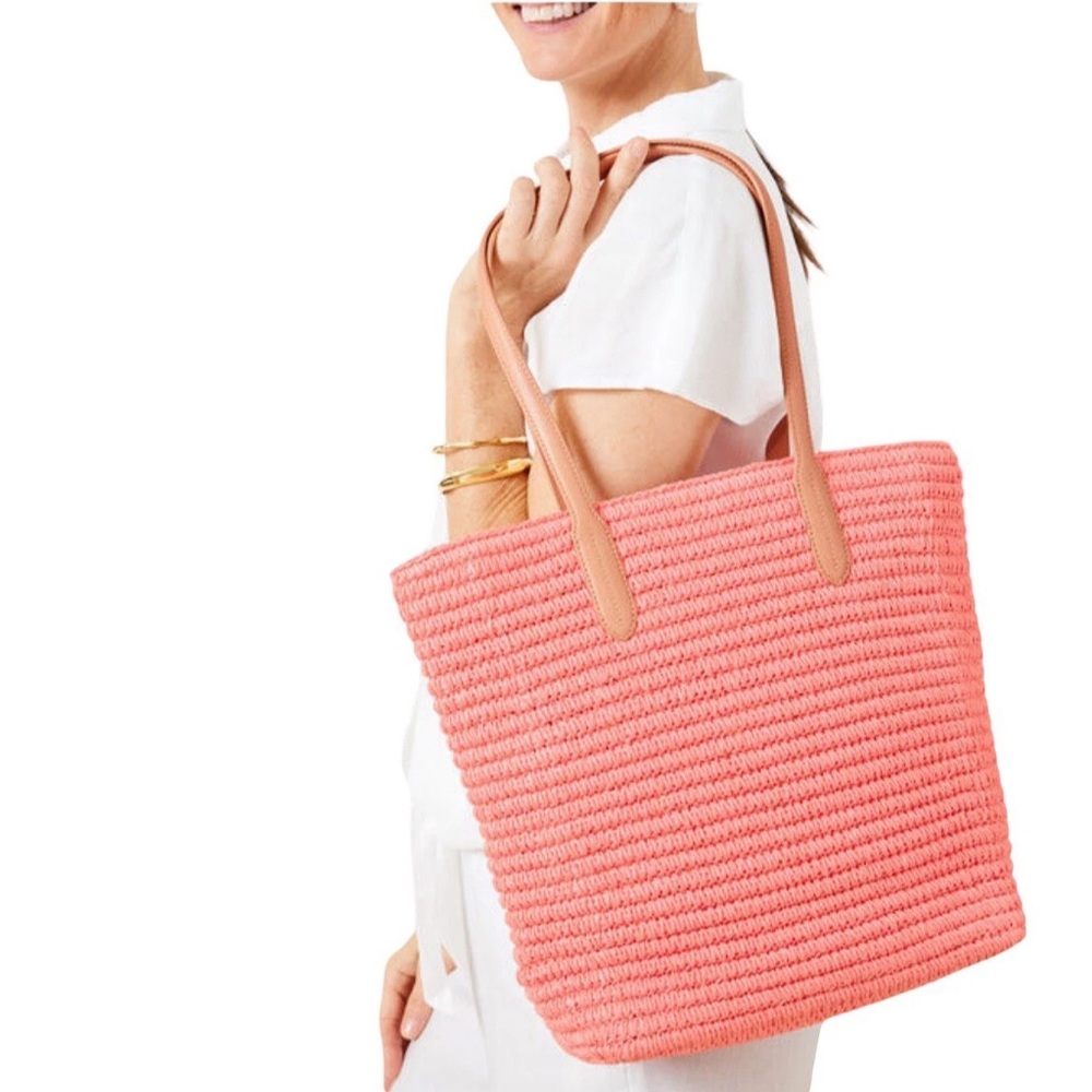 Talbots Coral Woven Straw Large Tote Bag with Tan Leather Double Handles